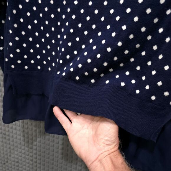 Navy Polka Dot Ruffle Sweater SzM 3/4 Sleeve Preppy Coastal Cottage Soft Stretch - Picture 6 of 13